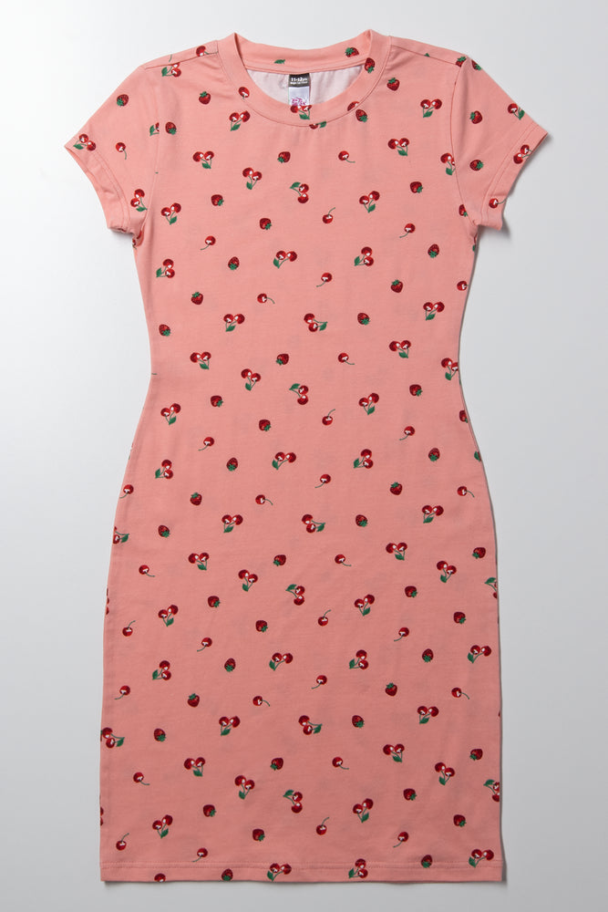 Cherry And Strawberry Print Bodycon Dress Peach