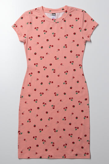 Cherry And Strawberry Print Bodycon Dress Peach