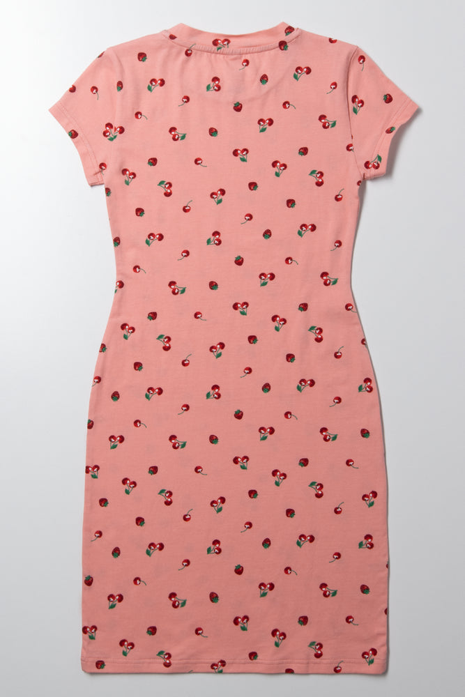 Cherry And Strawberry Print Bodycon Dress Peach (2)