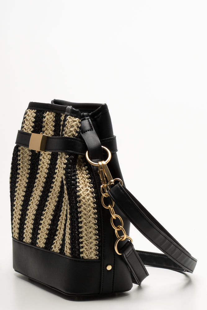 Straw Bucket Bag Natural And Black