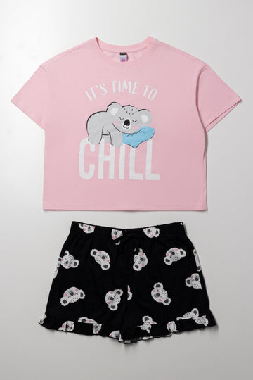 Time To Chill Shorts Pyjama Set Pink And Black