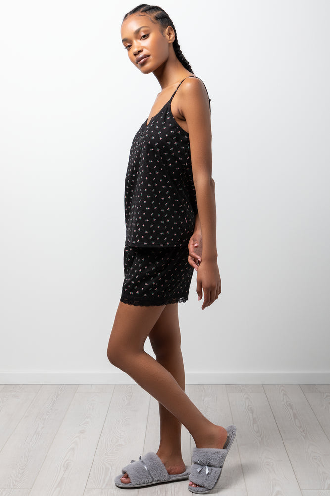 Ditsy Floral Lace Trim Cami Black