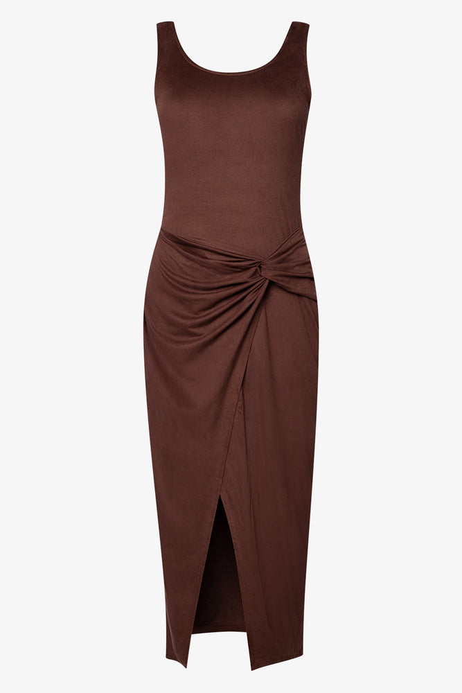 Suede Wrap Midi Dress Brown