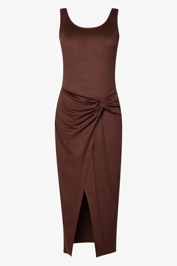 Suede Wrap Midi Dress Brown