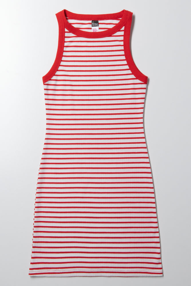 Rib Stripe Bodycon Dress Red And White