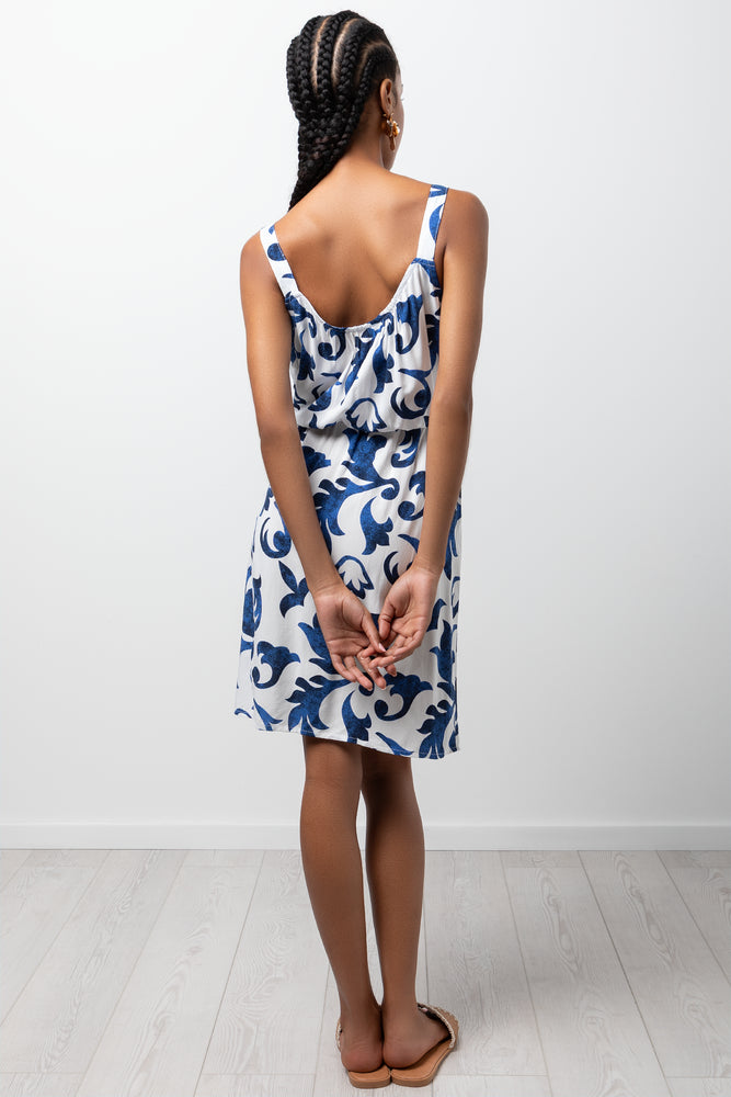 Wide Strap Elastic Dress Blue & White (2)