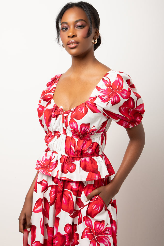 Floral Short Sleeve Puff Sleeve Top Dark Pink