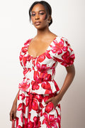 Floral Short Sleeve Puff Sleeve Top Dark Pink