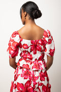Floral Short Sleeve Puff Sleeve Top Dark Pink (2)
