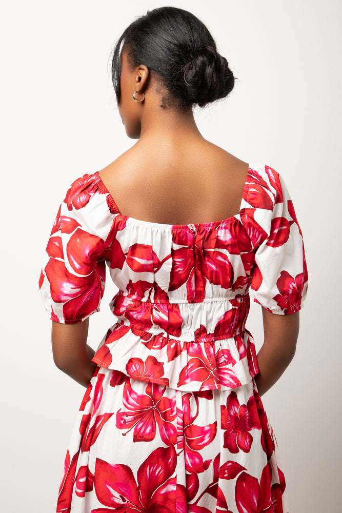 Floral Short Sleeve Puff Sleeve Top Dark Pink (2)