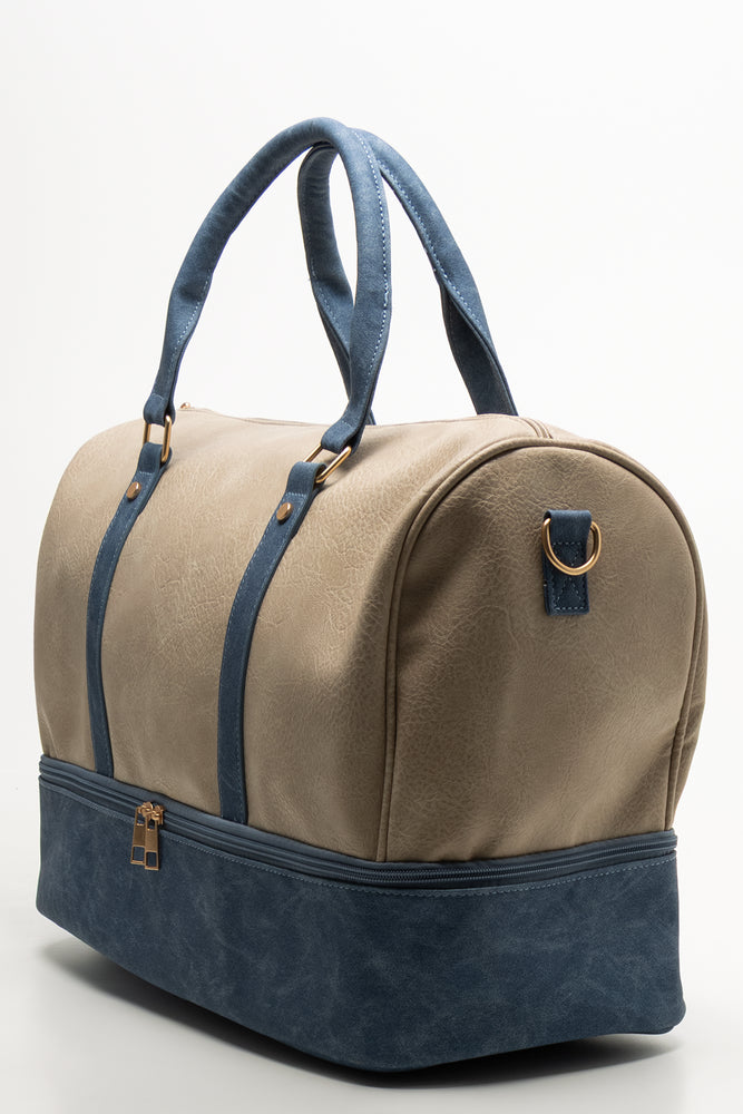 Bottom Compartment Weekender Bag Natural & Navy (1)