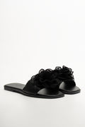 Flower Trim Mule Sandals Black