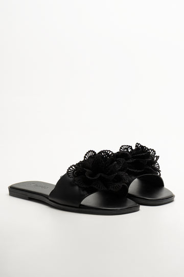 Flower Trim Mule Sandals Black