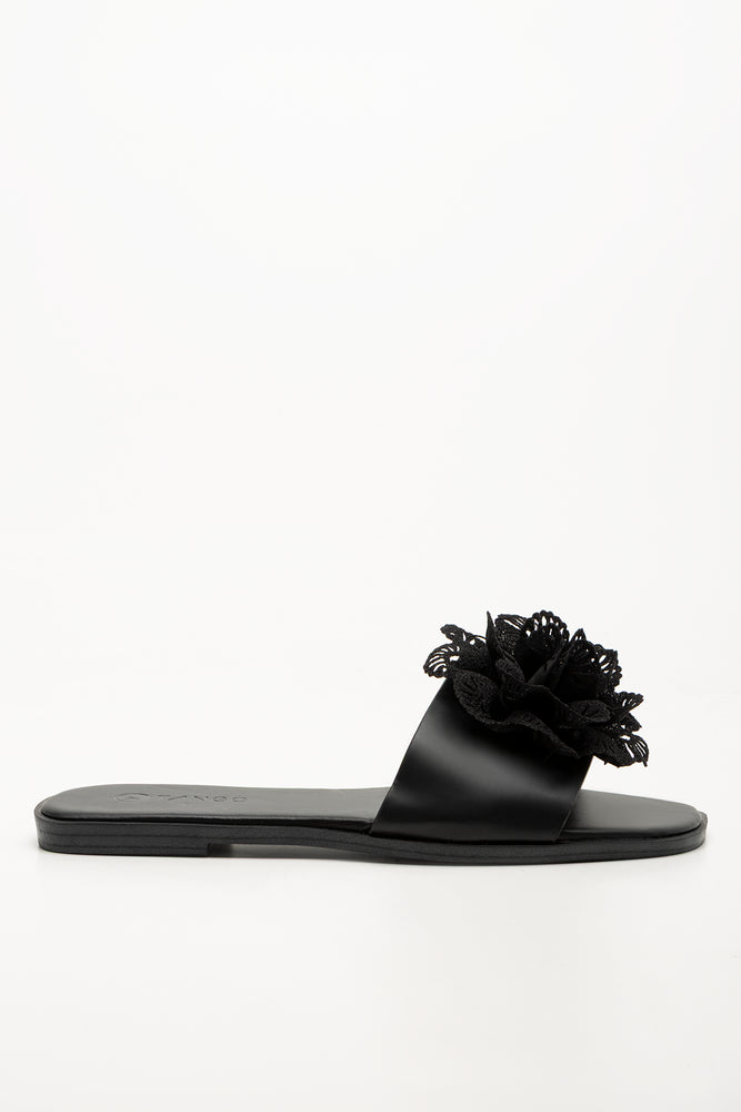 Flower Trim Mule Sandals Black