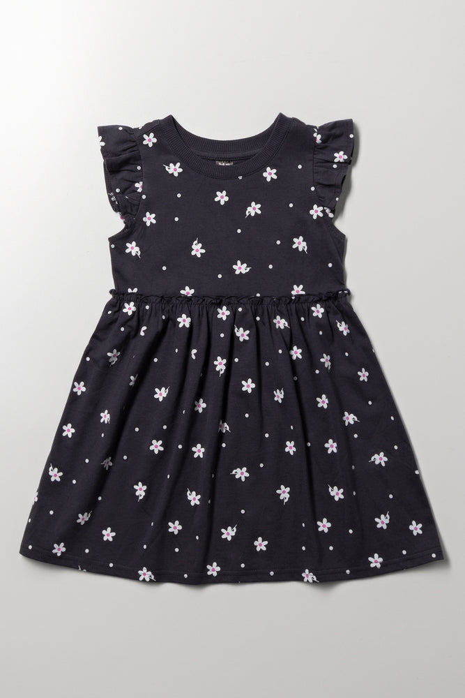 Floral Flutter Sleeve Dress Dark Grey