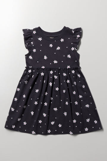 Floral Flutter Sleeve Dress Dark Grey