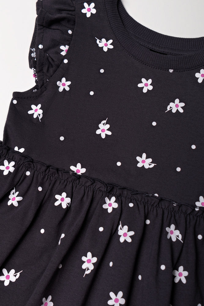 Floral Flutter Sleeve Dress Dark Grey