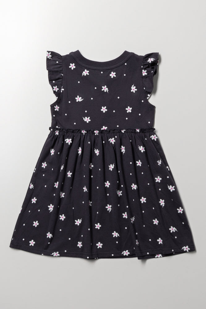 Floral Flutter Sleeve Dress Dark Grey (2)