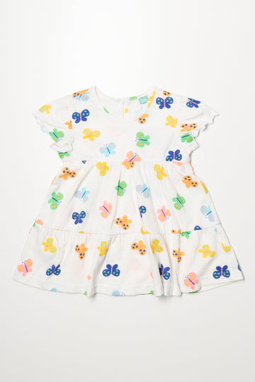 Frill Sleeve Tiered Dress White