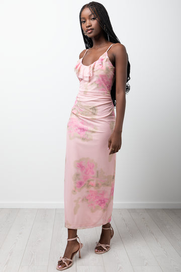 Floral Mesh Maxi Dress Pink