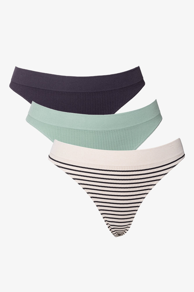 3 Pack Stripe Seamfree Thong Panties Green, Grey And Natural (1)