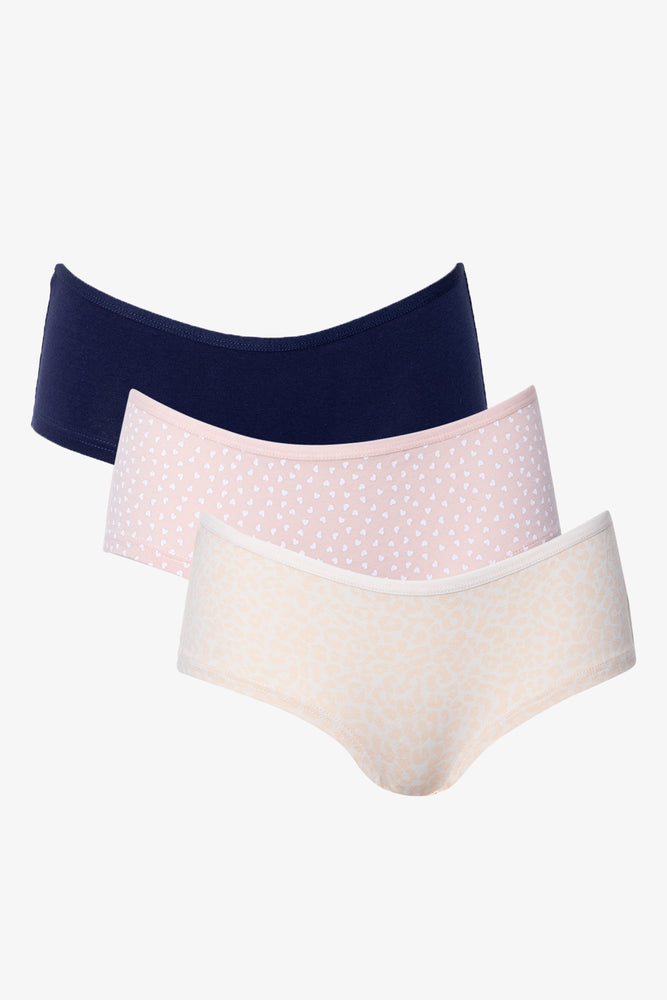 3 Pack Heart Boyleg Panties Navy, Pink And Natural