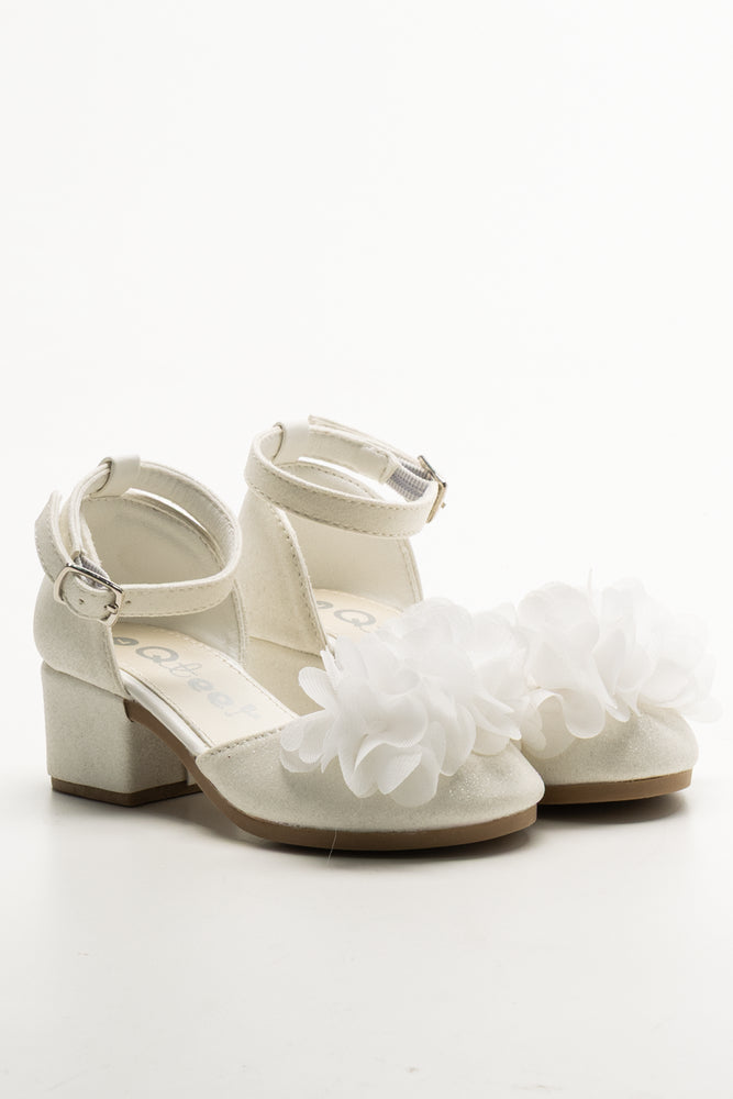 Chiffon Flower Heels White