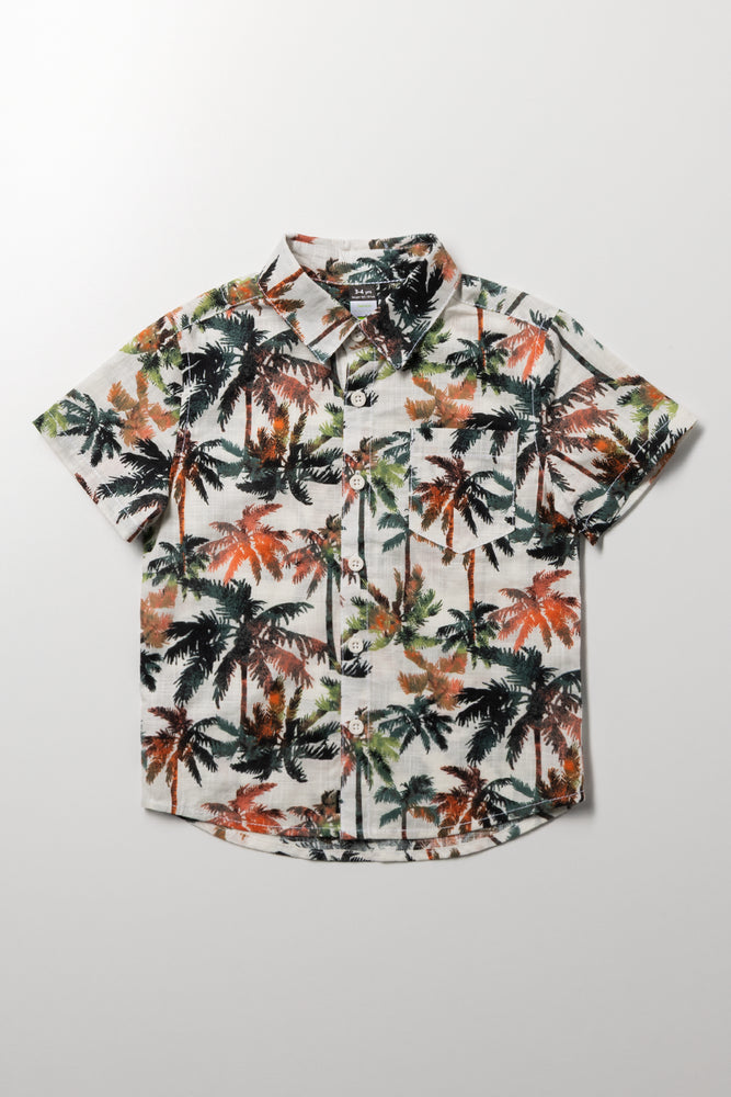 Short Sleeve Linen Blend Palm Tree Shirt Multicolour