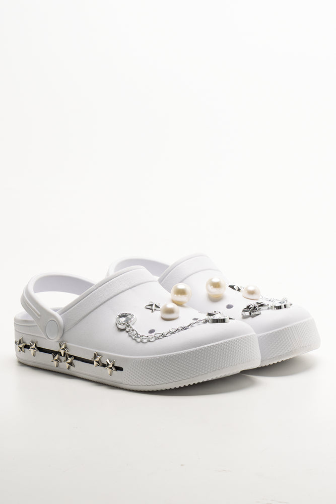 Star Embellished Clogs White