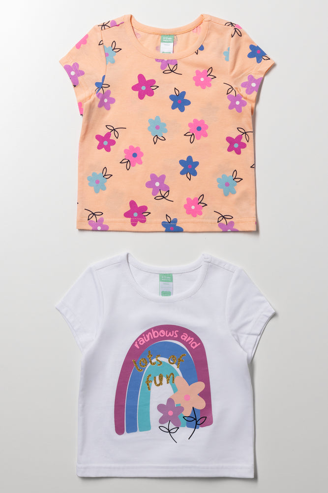 2 Pack Rainbow Flowers Short Sleeve T-Shirts White And Peach