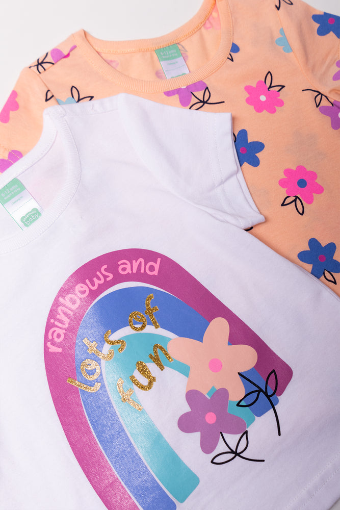 2 Pack Rainbow Flowers Short Sleeve T-Shirts White And Peach