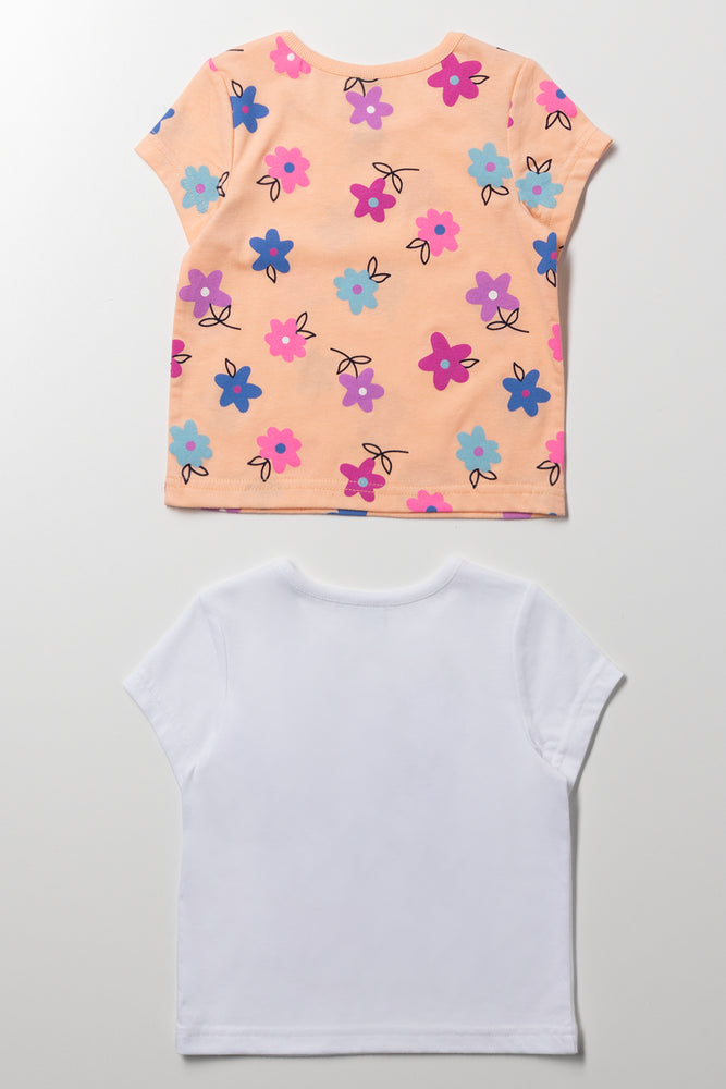 2 Pack Rainbow Flowers Short Sleeve T-Shirts White And Peach (2)