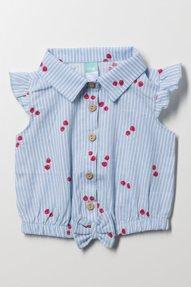 Front Tie Stripes And Cherries Top Blue