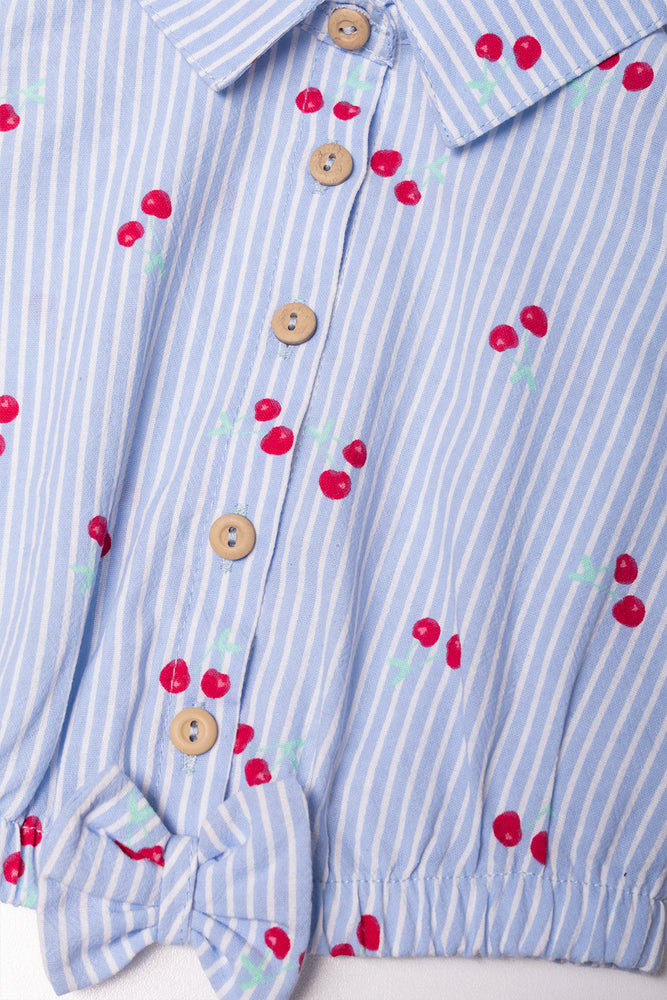 Front Tie Stripes And Cherries Top Blue