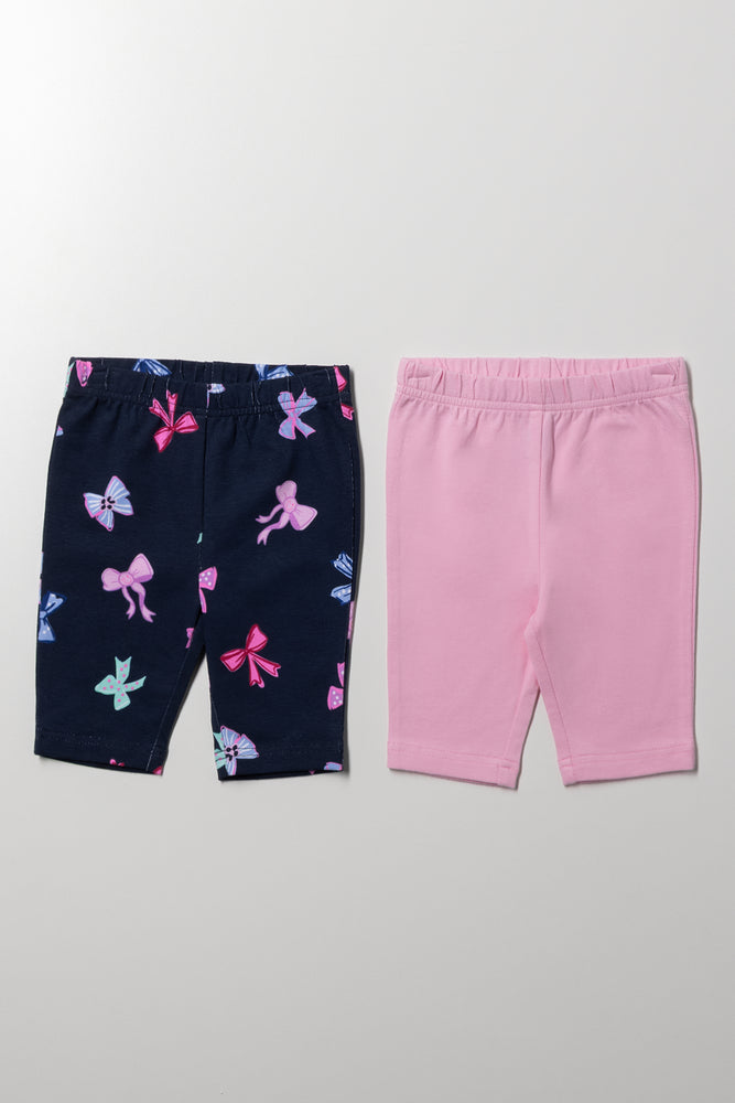 2 Pack Bow Cropped Leggings Navy And Pink