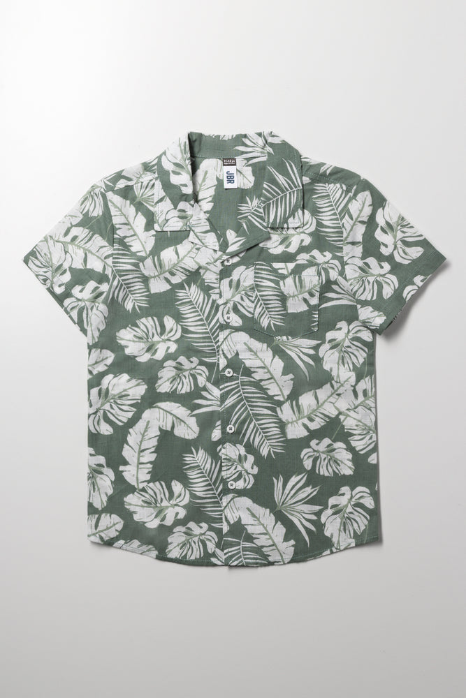 Short Sleeve Linen Blend Shirt Green