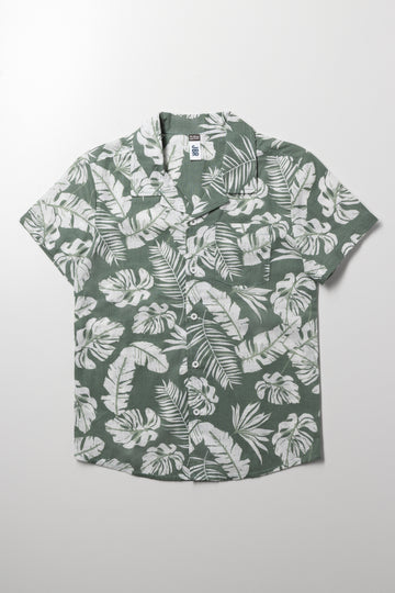 Short Sleeve Linen Blend Shirt Green