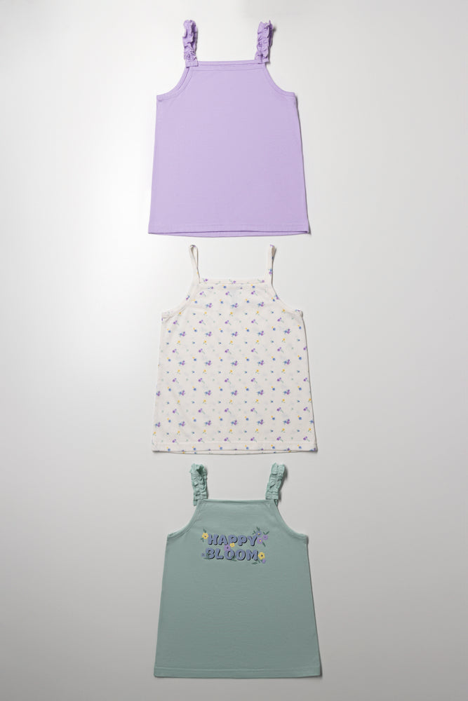 3 Pack Strappy Vests Purple, Green And Sage