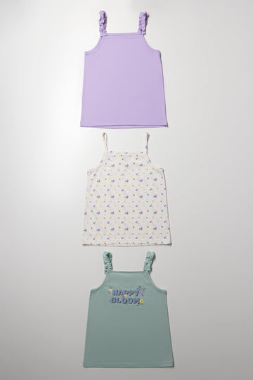 3 Pack Strappy Vests Purple, Green And Sage