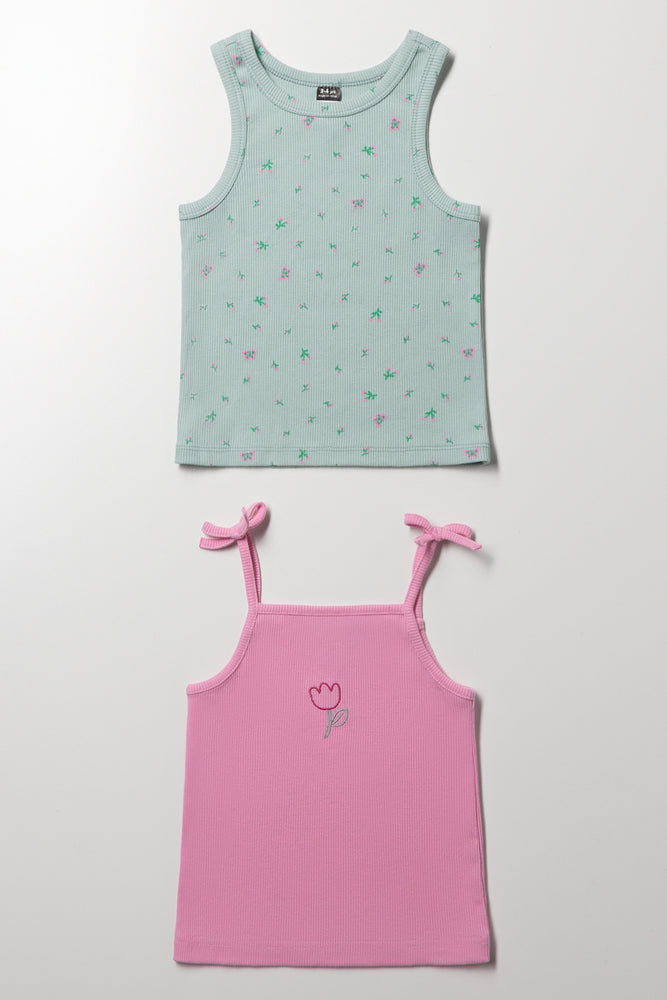 2 Pack Rib Vest Green And Pink