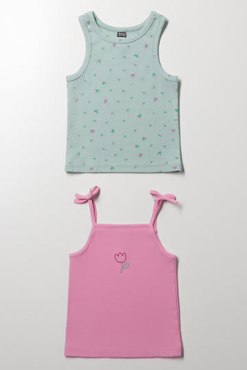 2 Pack Rib Vest Green And Pink