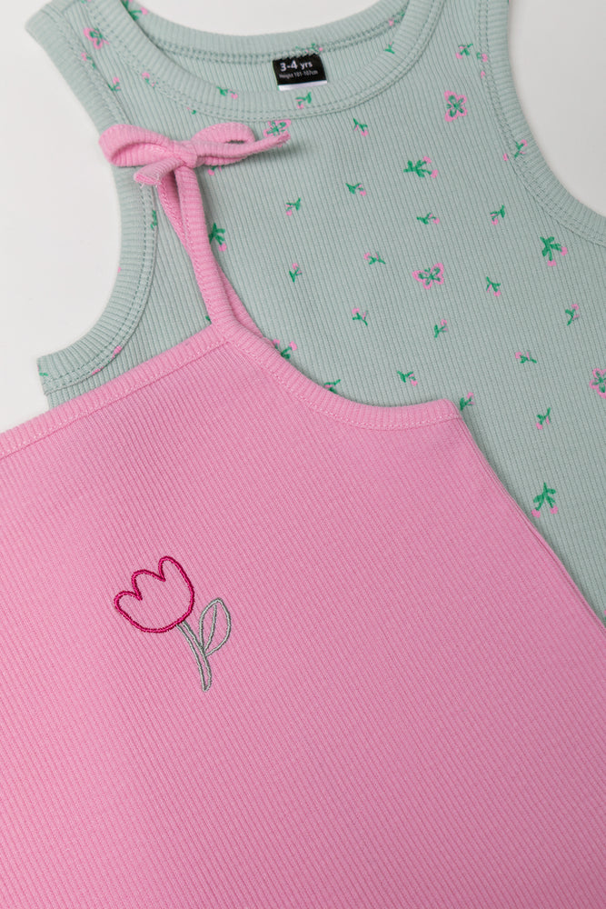2 Pack Rib Vest Green And Pink