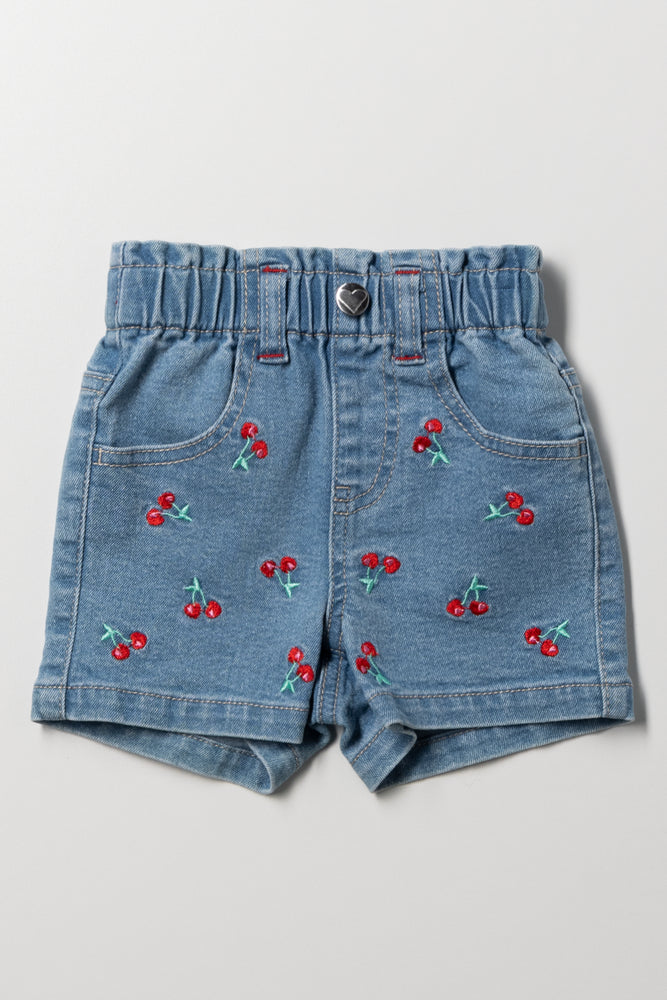 Cherry Paperbag Denim Shorts Blue