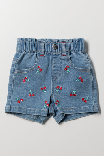 Cherry Paperbag Denim Shorts Blue