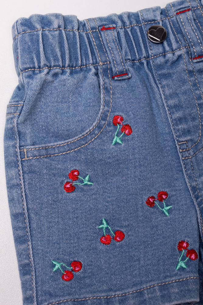 Cherry Paperbag Denim Shorts Blue