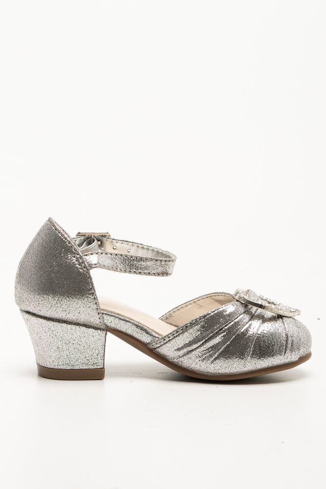 Diamante Heart Block Heel Silver