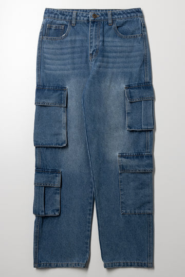 Cargo Straight Leg Denim Jeans Blue