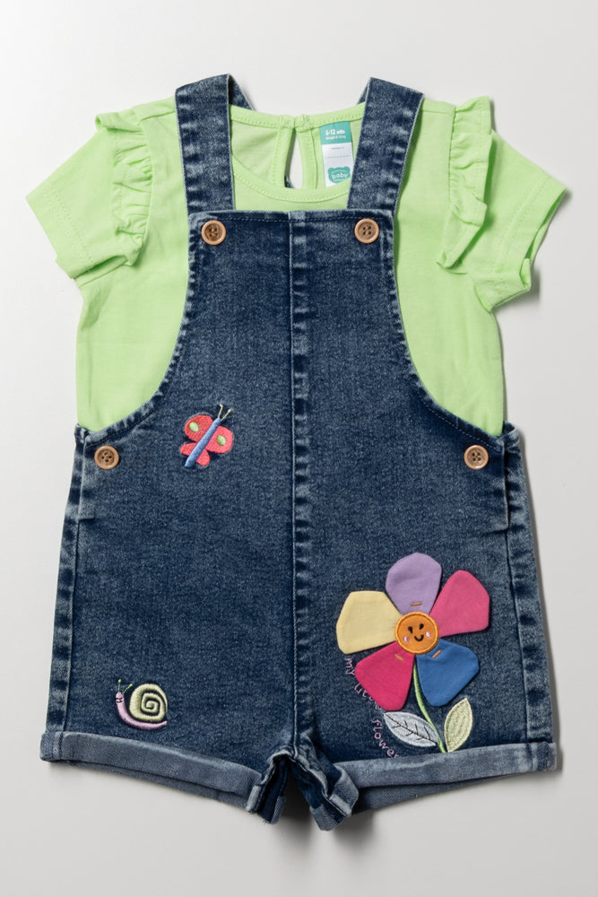 Dungaree With T-Shirt Set Green And Blue