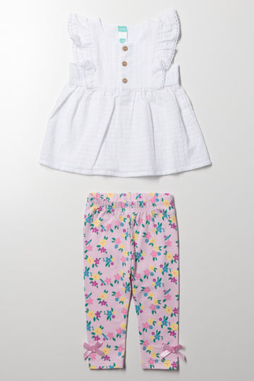 Leggings & Top Set White & Pink