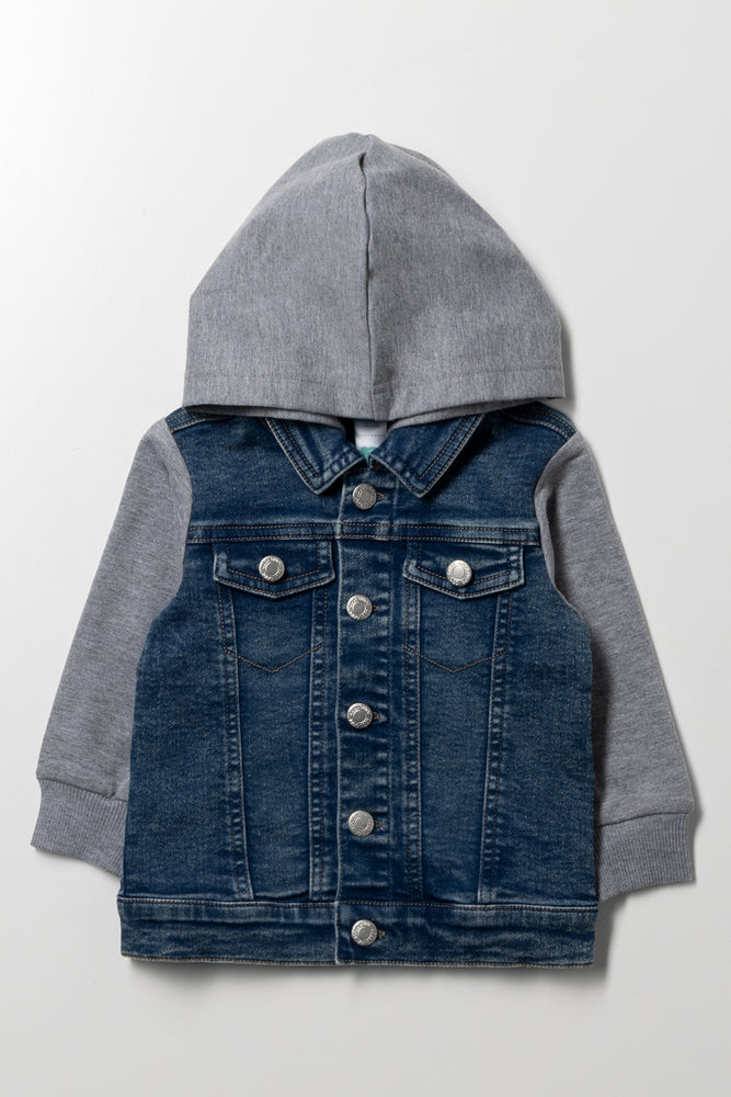 Hooded Knit Combp Denim Jacket Blue
